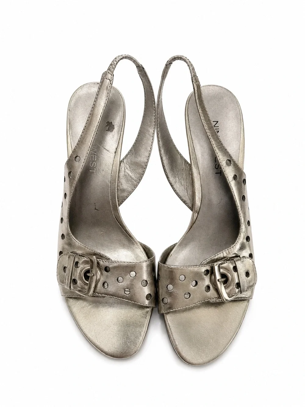 Vintage Y2K Nine West Silver Leather Perforated Buckle Slingback Heels 6.5M